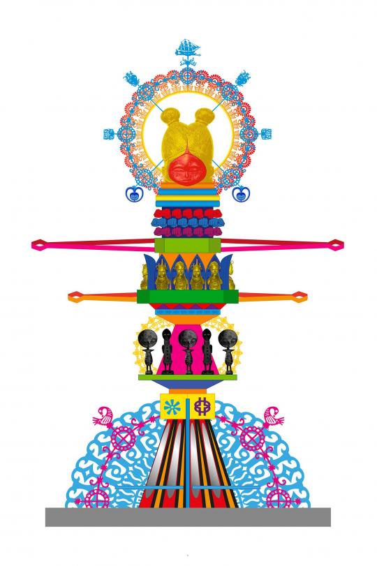 A computer generated image of a tall, assemblage of colourful and decorative elements, build into a tower or totem, that has overall sense of a female figure. This image is on a white background.
