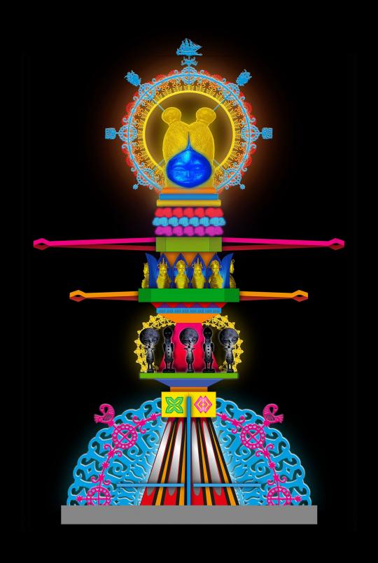 A computer generated image of a tall, assemblage of colourful and decorative elements, build into a tower or totem, that has overall sense of a female figure. This image is on a black background.
