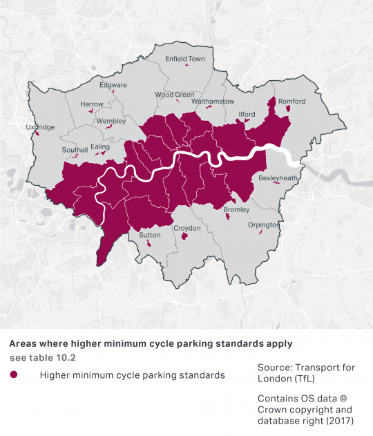 A map of London showing where higher minimum cycle parking standards apply. These are concentrated across the entirety of the inner London Borough areas, and outer central West London Boroughs, and in the major town centres of outer London Boroughs.