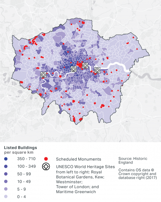 A map of the density of London's listed buildings per square km, and location of Scheduled Monuments and Unesco World Heritage Sites. Central London has the most listed buildings. Scheduled Monuments can be found across London, with fewer in North East London in comparison to the rest of London. The Unesco World Heritage Sites are Royal Botanical Gardens, Kew; Westminster; Tower of London and Maritime Greenwich.