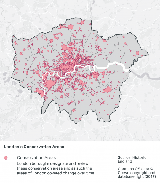 A map of London's conservation areas, which are extensive in central London, reaching towards the outer London boroughs where they reduce in number. London boroughs are responsible for designating and reviewing conservation areas. The conservation areas covered changes over time. North East London boroughs have fewer conservation areas, as well as in the Croydon borough.
