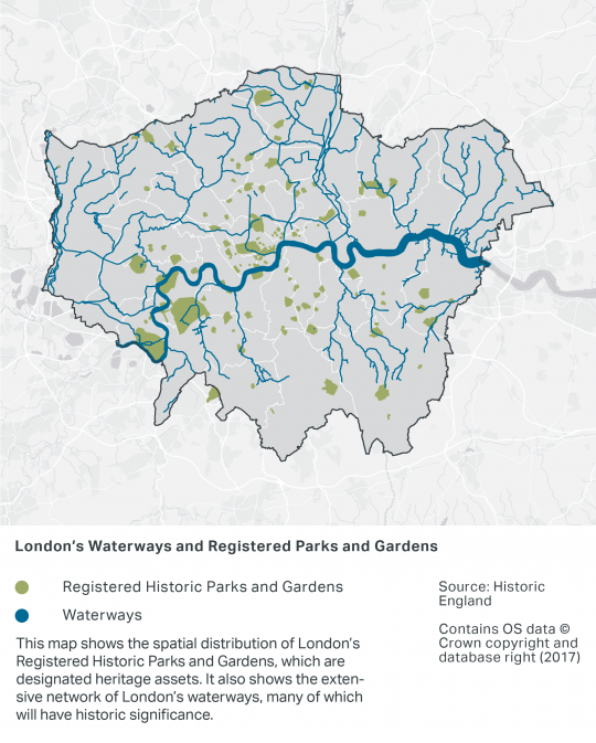 A map of London's extensive network of waterways, many of which will have historic significance. The map shows London's Registered Historic Parks and Gardens, which are designated heritage assets. The largest areas of Registered Historic Parks and Gardens are in South West London.