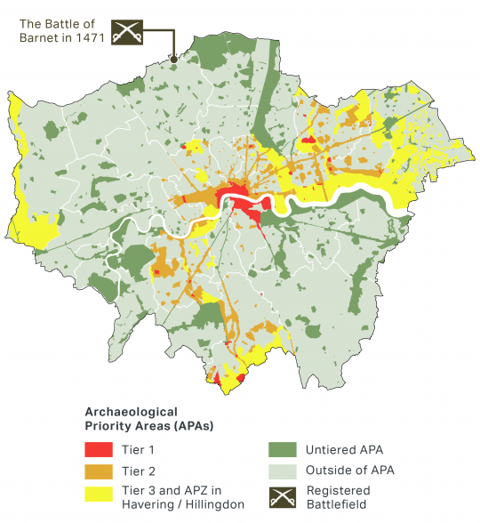 A map showing London's Archaeological Priority Areas, including Tier 1, Tier 2 and Tier 3 APAs and APZ in Havering and Hillingdon, untiered APAs and outside of APA.  The largest Tier 1 APA is located in Central London, north and south of the River Thames. The area directly North East of the River Thames is Tier 3.  The map also notes the Registered Battlefield where the Battle of Barnet took place in 1471 on the outskirts of north London.