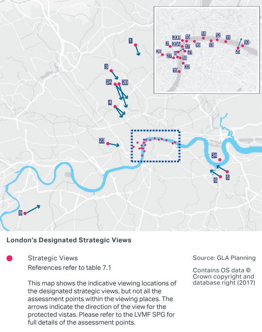 A map of inner London showing the designated strategic views, which are listed in Table 7.1. The viewing locations can mostly be found in central London along the River Thames. They are also located to the North West and South East, with the protected view pointing in the direction of central London. Please refer to the London View Management Framework Supplementary Planning Guidance for full details.