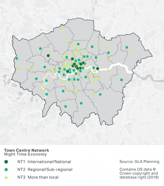 A map of London's town centres with strategic night-time economies ranging from international, to regional/sub-regional to more than local. The town centres with international night-time economies are located mostly in central London. Most Boroughs have a town centres with a regional/sub-regional and more than local strategic night-time economy. Enfield Borough does not have any town centres with strategic night-time economies.