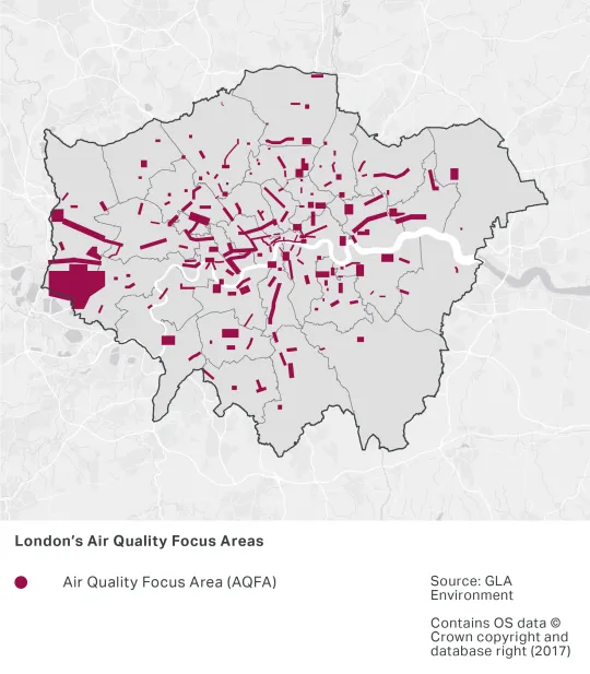 A map of London's Air Quality Focus Areas. All London Boroughs have at least 2 Air Quality Focus Areas. The majority are rectangular shaped. There are more Air Quality Focus Areas in inner London Boroughs, and they cover a greater area. There is a substantial Air Quality Focus Area in West London, within Hillingdon and Hounslow Boroughs where Heathrow is located.