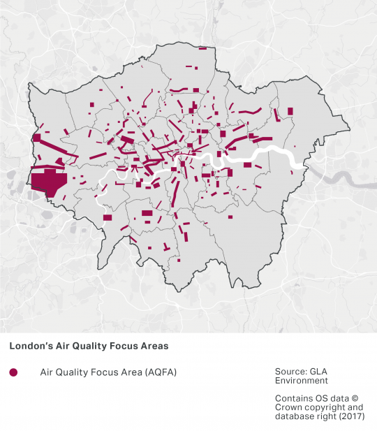 A map of London's Air Quality Focus Areas. All London Boroughs have at least 2 Air Quality Focus Areas. The majority are rectangular shaped. There are more Air Quality Focus Areas in inner London Boroughs, and they cover a greater area. There is a substantial Air Quality Focus Area in West London, within Hillingdon and Hounslow Boroughs where Heathrow is located.