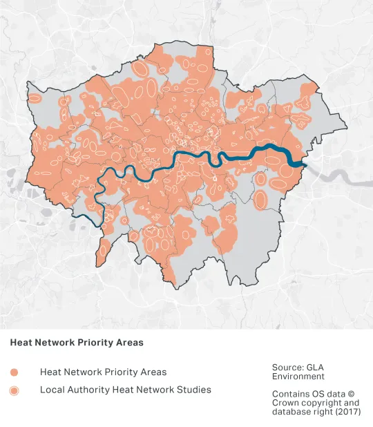 A map of London's Heat Network Priority Areas, which covers most London Borough areas. London Boroughs with less Heat Network Priority Areas are Havering, Bromley and Croydon. There are Local Authority Heat Network Studies taking place across all London Boroughs, with larger studies in Barnet, Bexley and Sutton particularly.