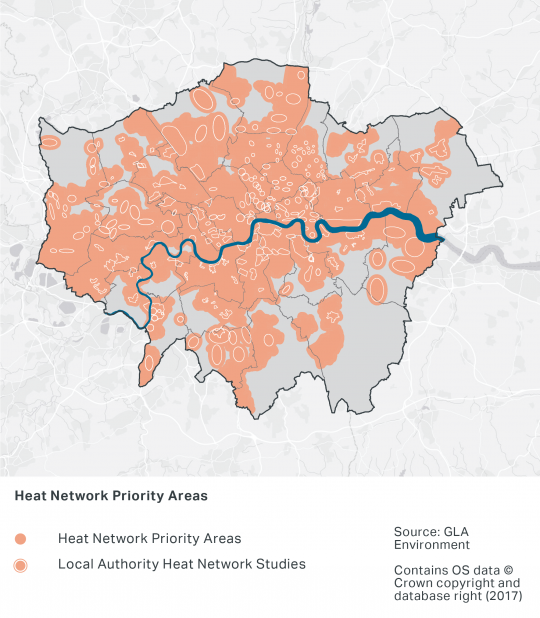 A map of London's Heat Network Priority Areas, which covers most London Borough areas. London Boroughs with less Heat Network Priority Areas are Havering, Bromley and Croydon. There are Local Authority Heat Network Studies taking place across all London Boroughs, with larger studies in Barnet, Bexley and Sutton particularly.