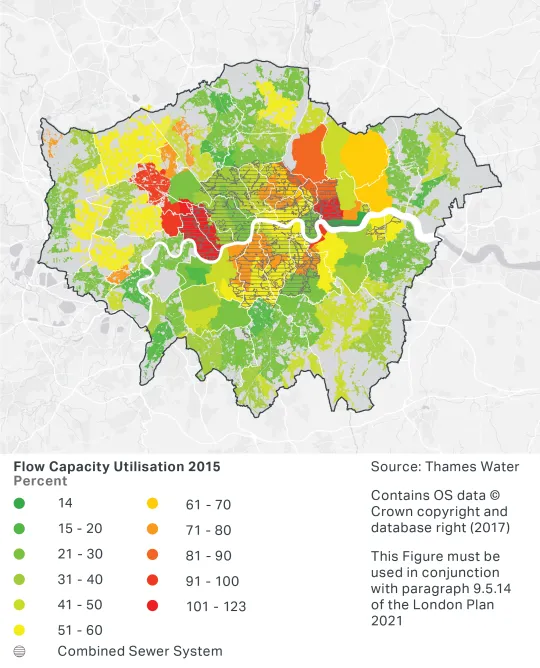 A map of London showing wastewater drainage capacity across London. Areas with a lower ability to receive additional flows are mostly located in North London. There are two key areas with a lower ability to receive additional flows, with the first extending from the River Thames covering Hammersmith and Fulham, parts of Brent, Ealing and Kensington and Chelsea, and the second covering significant areas of Newham and Waltham Forest.