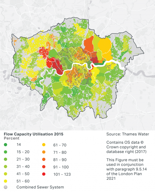 A map of London showing wastewater drainage capacity across London. Areas with a lower ability to receive additional flows are mostly located in North London. There are two key areas with a lower ability to receive additional flows, with the first extending from the River Thames covering Hammersmith and Fulham, parts of Brent, Ealing and Kensington and Chelsea, and the second covering significant areas of Newham and Waltham Forest.