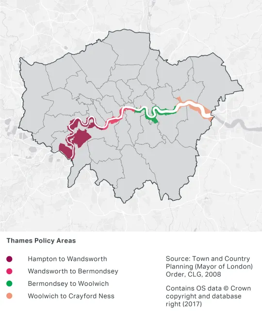 A map of London showing the Thames Policy areas along the River Thames in London. It consists from West to East of Hampton to Wandsworth, Wandsworth to Bermondsey, Bermondsey to Woolwich and Woolwich to Crayford Ness.