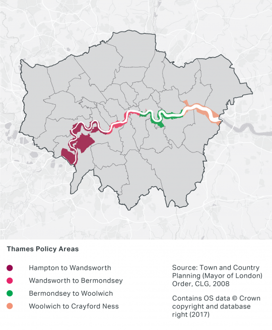 A map of London showing the Thames Policy areas along the River Thames in London. It consists from West to East of Hampton to Wandsworth, Wandsworth to Bermondsey, Bermondsey to Woolwich and Woolwich to Crayford Ness.