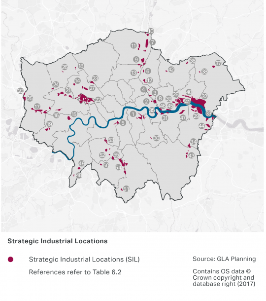 A map of London's Strategic Industrial Locations, which are listed in Table 6.2. The map shows that there are significant areas in East London along the River Thames and in North West London.