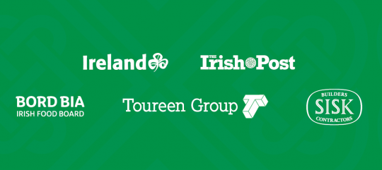 Logos of sponsors for St Patrick's day 2024 on green background: Ireland, the Irish Post, Bord Bia, Toureen Group, SISK