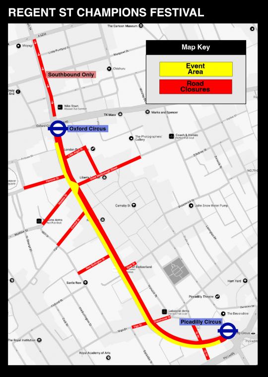 A map of Regent Street closures during UEFA champions league 2024