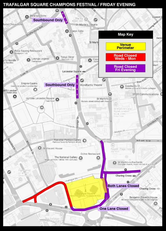 A map of Trafalgar square champions festival closures, on Friday evening 