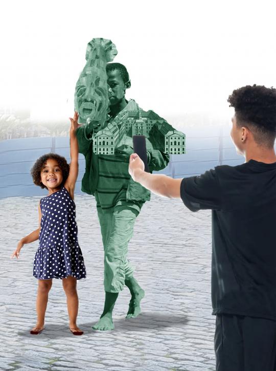 A computer generated image of a child walking in a streetscape who is green in colour, wearing a traditional African mask and holding miniature version of London building. There are also two photographs of two children integrating with the image of the child in green.