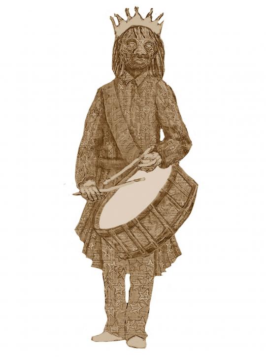 A drawing of a child, with a crown and an African mask wearing a crown. The child has a drum on a strap slung around their neck and is holding drum sticks. The images is in brown tones.