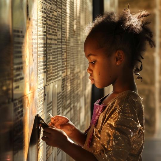 A girl stood next to an indoor wall of The Wake, a bronze sculpture by Khaleb Brooks