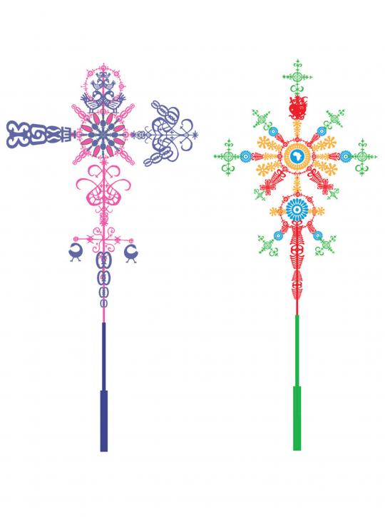 A computer generated image of two brightly coloured, decorative weather vanes.
