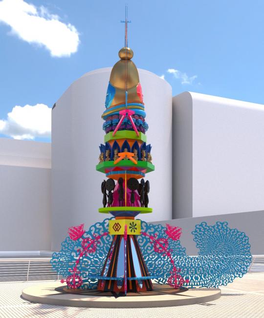 A computer generated left-hand view of a tall, assemblage of colourful and decorative elements, build into a tower or totem, that has overall sense of a female figure, set in street with hand rails in the background. 