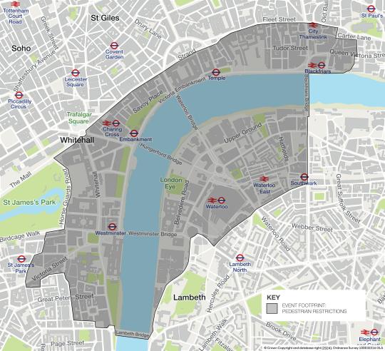 A map of London New Year’s Eve event footprint