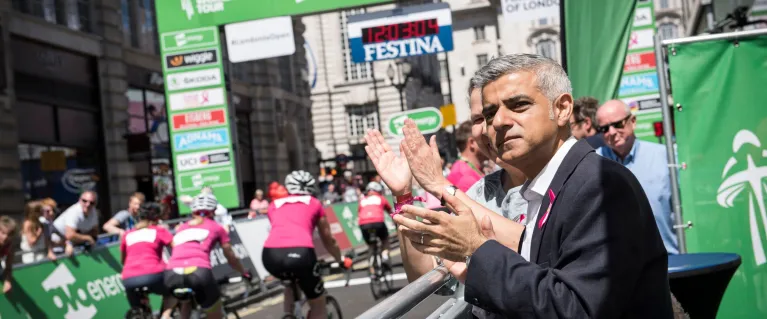 Mayor of London Sadiq Khan cheering on cyclists at Britain Cancer Care Cycle event