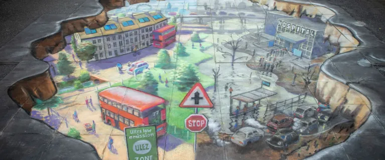 Drawing on the pavement about the impact of good or bad environmental choices in London
