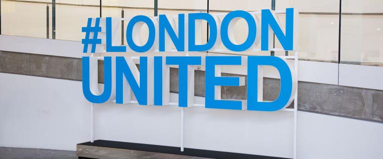 #LondonUnited sign at City Hall March 2018