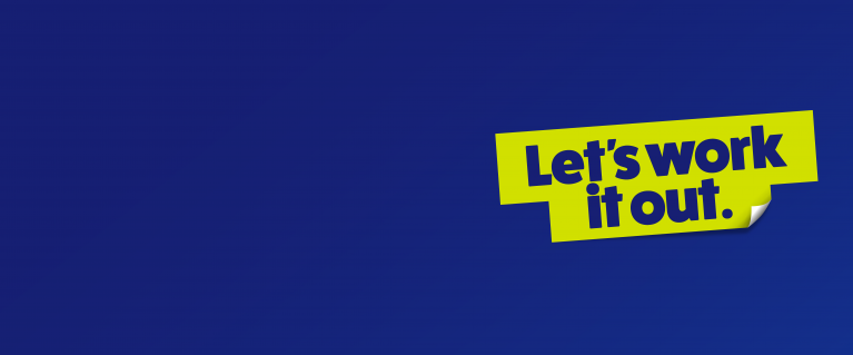 Blue "Let's work it out." slogan on a green sticky-note graphic, on a dark blue background