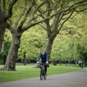 Person cycling through park