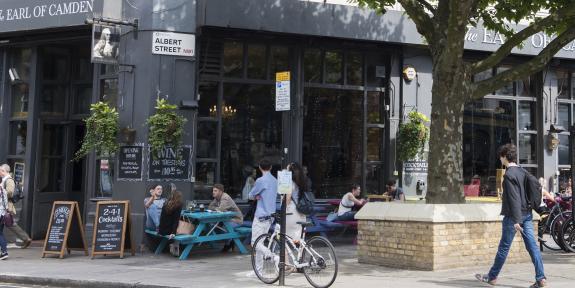 People sitting outside a London pub