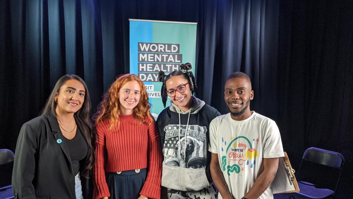 Photograph of four young performers at London's World Mental Health Day Festival 2021